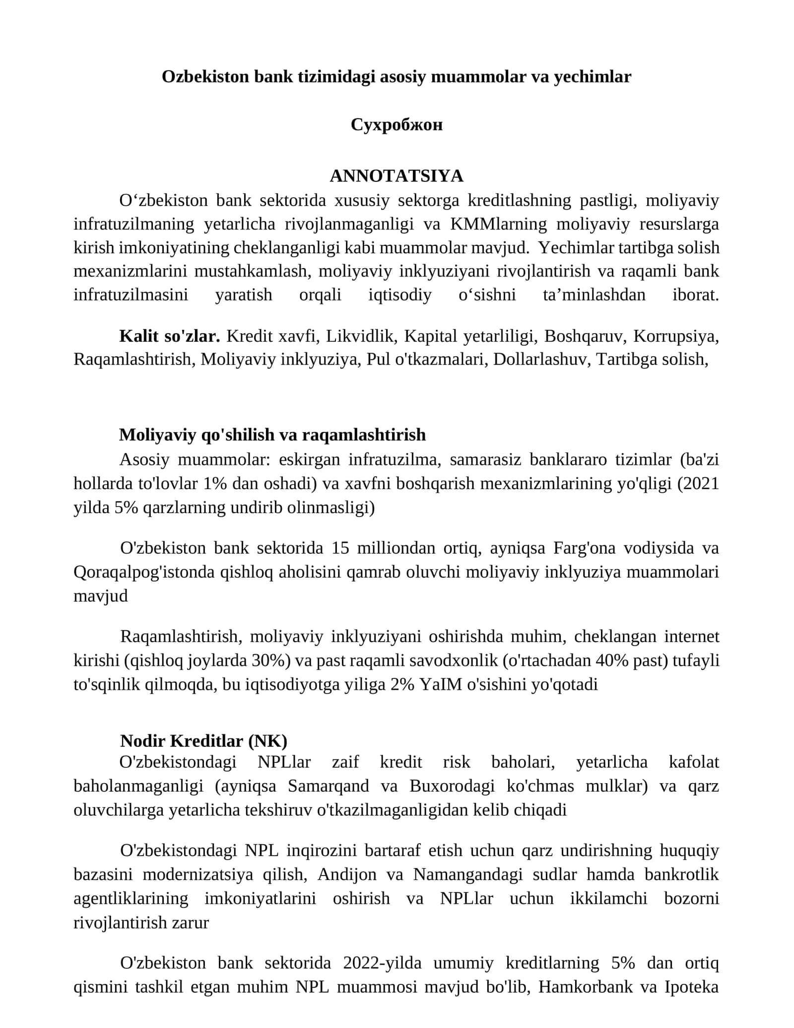 Oʻzbekiston bank tizimidagi asosiy muammolar va yechimlar 1
