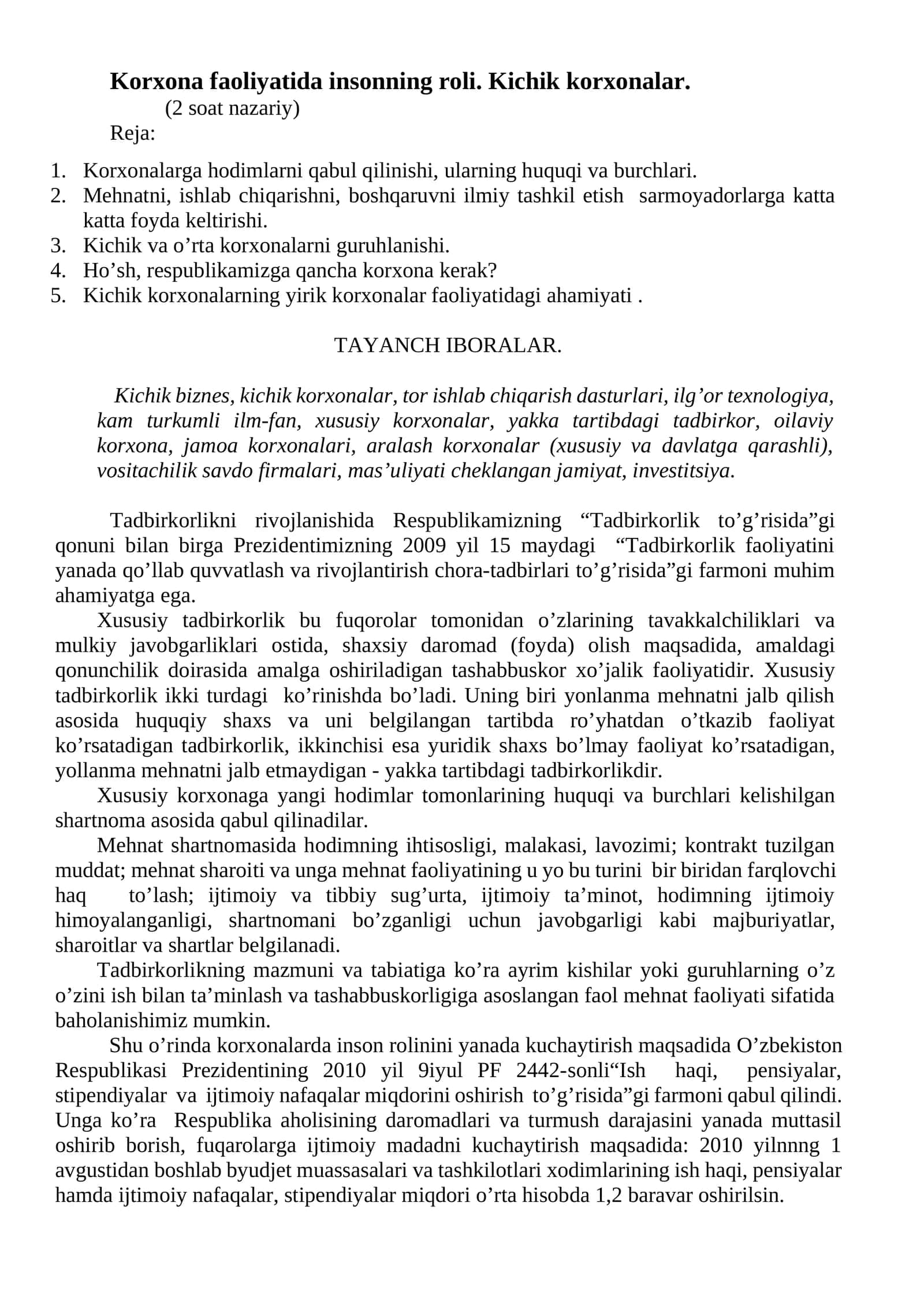 Korxona faоliyatida insоnning rоli. Kichik korxonalar 1