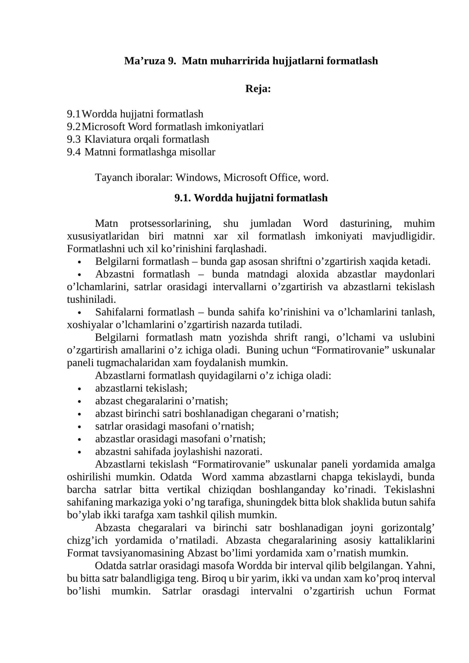 Ma’ruza 9. Matn muharririda hujjatlarni formatlash 1