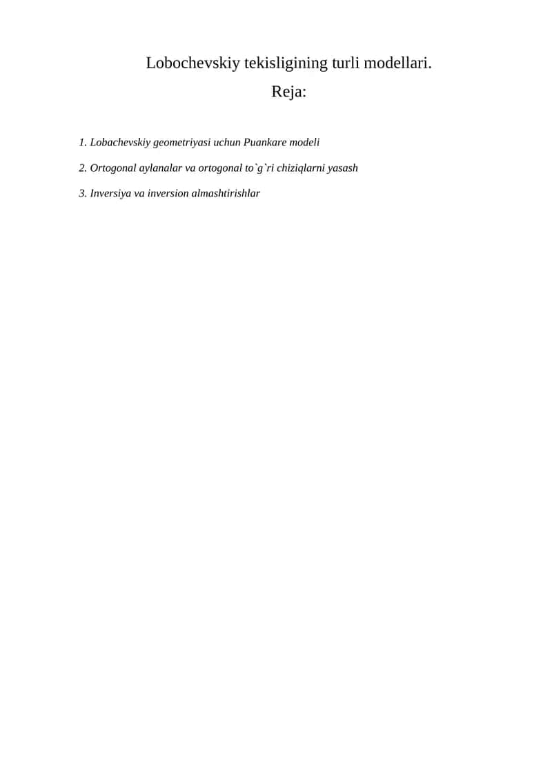 Lobachevskiy geometriyasi uchun Puankare modeli 1
