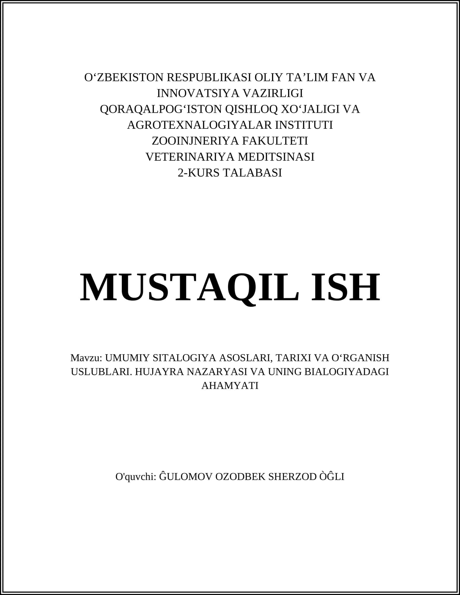 UMUMIY SITALOGIYA ASOSLARI, TARIXI VA O‘RGANISH USLUBLARI 1
