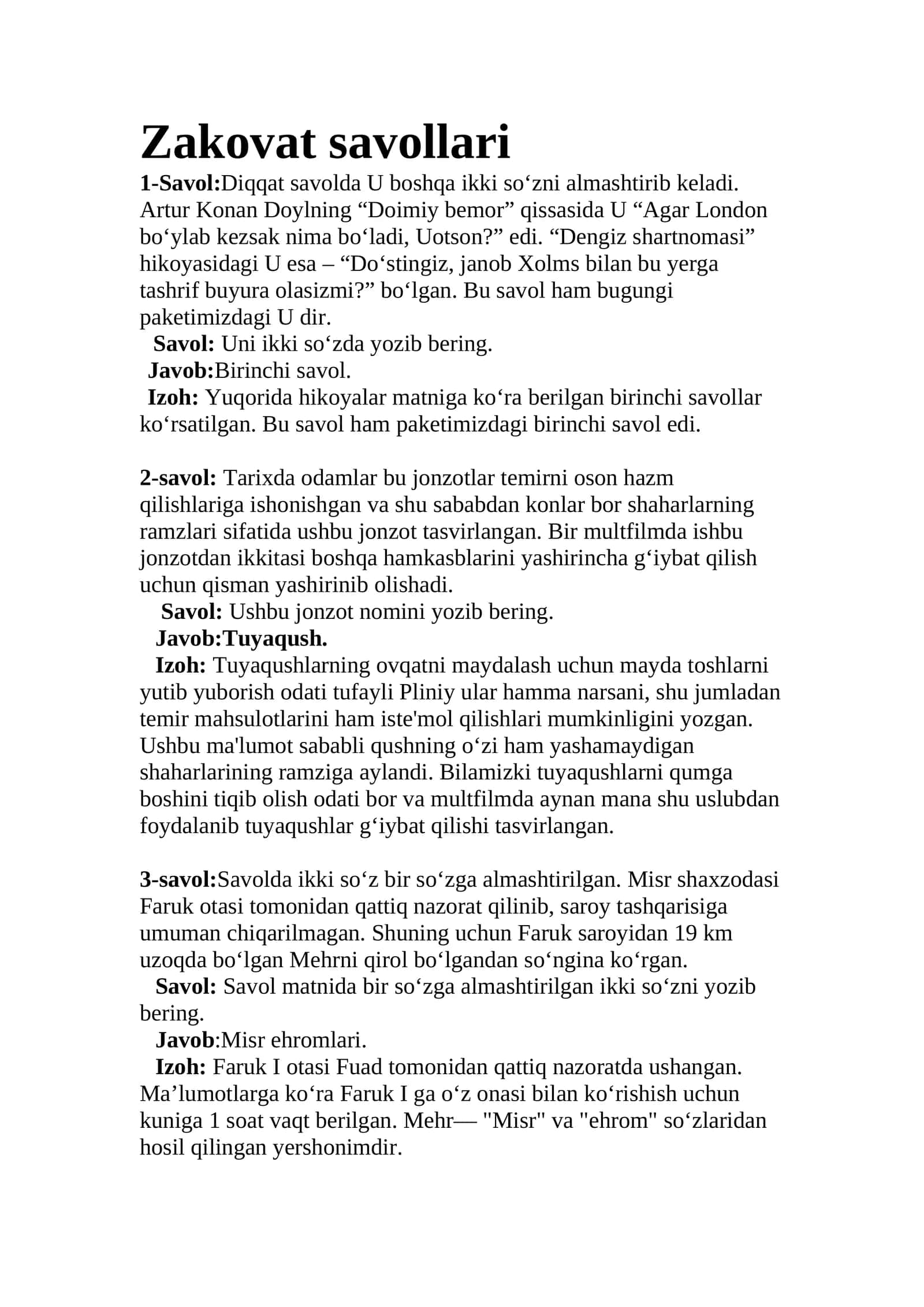 Zakovat savollari 1