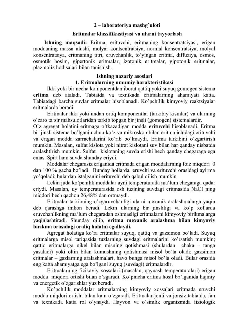 Laboratoriya mashg'uloti - Eritmalar klassifikatsiyasi va ularni tayyorlash 1