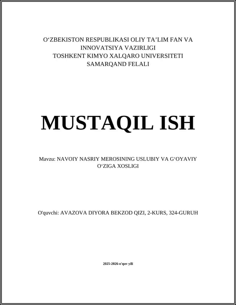 NAVOIY NASRIY MEROSINING USLUBIY VA GʻOYAVIY OʻZIGA XOSLIGI 1