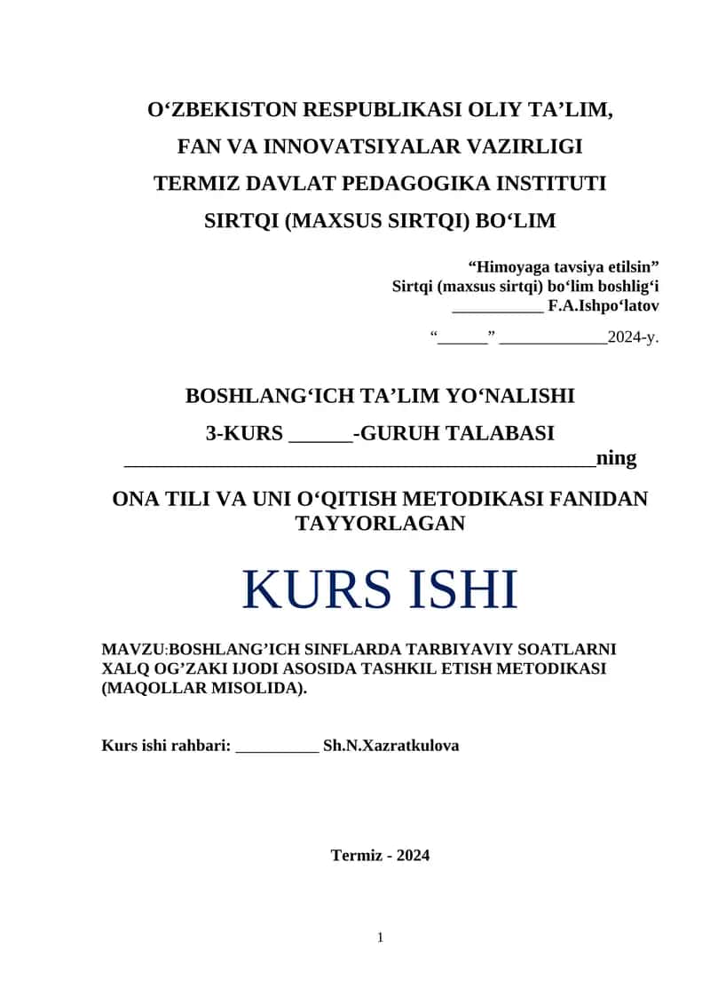 BOSHLANG’ICH SINFLARDA TARBIYAVIY SOATLARNI XALQ OG’ZAKI IJODI ASOSIDA TASHKIL ETISH METODIKASI (MAQOLLAR MISOLIDA) 1