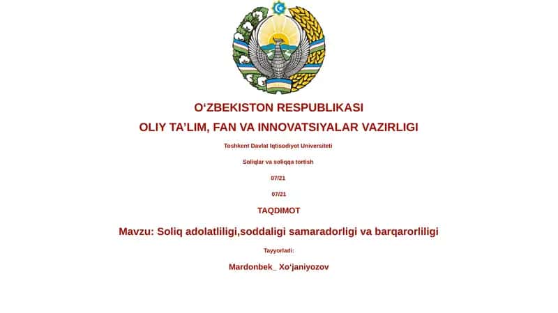 Soliq adolatliligi,soddaligi samaradorligi va barqarorliligi 1