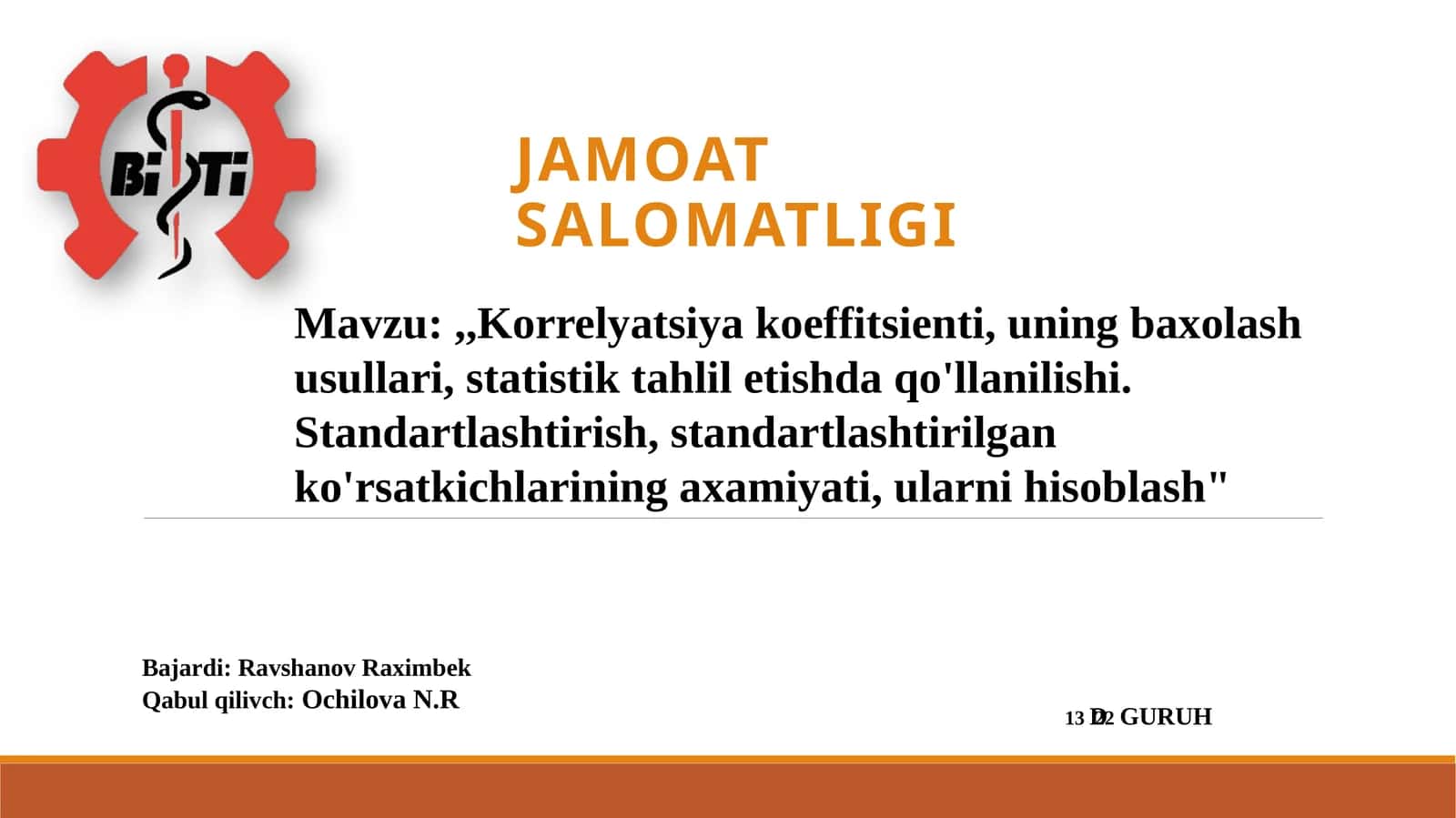 Korrelyatsiya koeffitsienti, uni baholash usullari, statistik 2 tahlil etishda qo'llanilishi. Grafik tasvirlar va ularning qo'llanilishi Standartlashtirish, standartlashtirilgan ko'rsatkichilarining ahamiyati, ularni hisoblash. 1