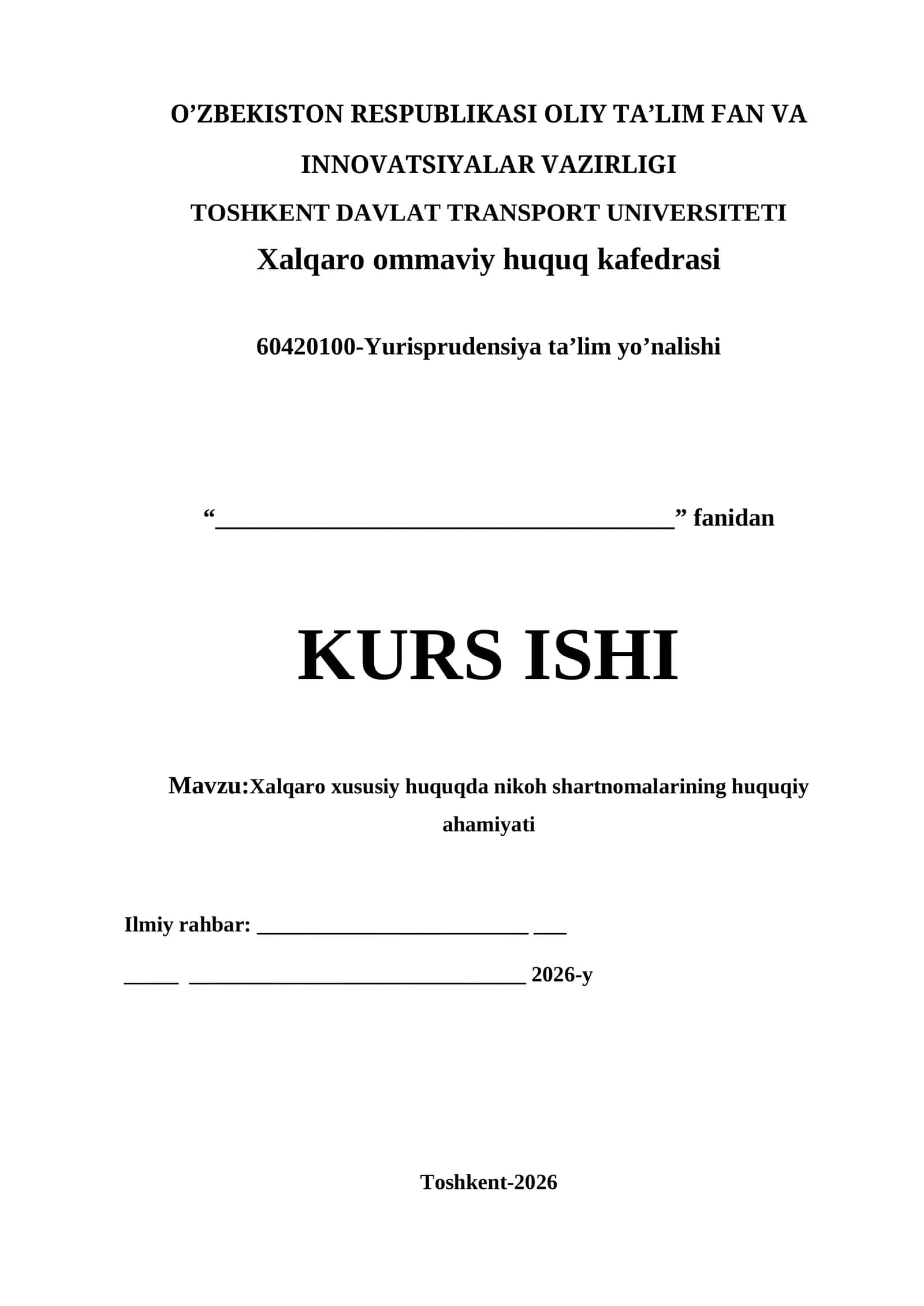 Xalqaro xususiy huquqda nikoh shartnomalarining huquqiy ahamiyati kurs ishi 1