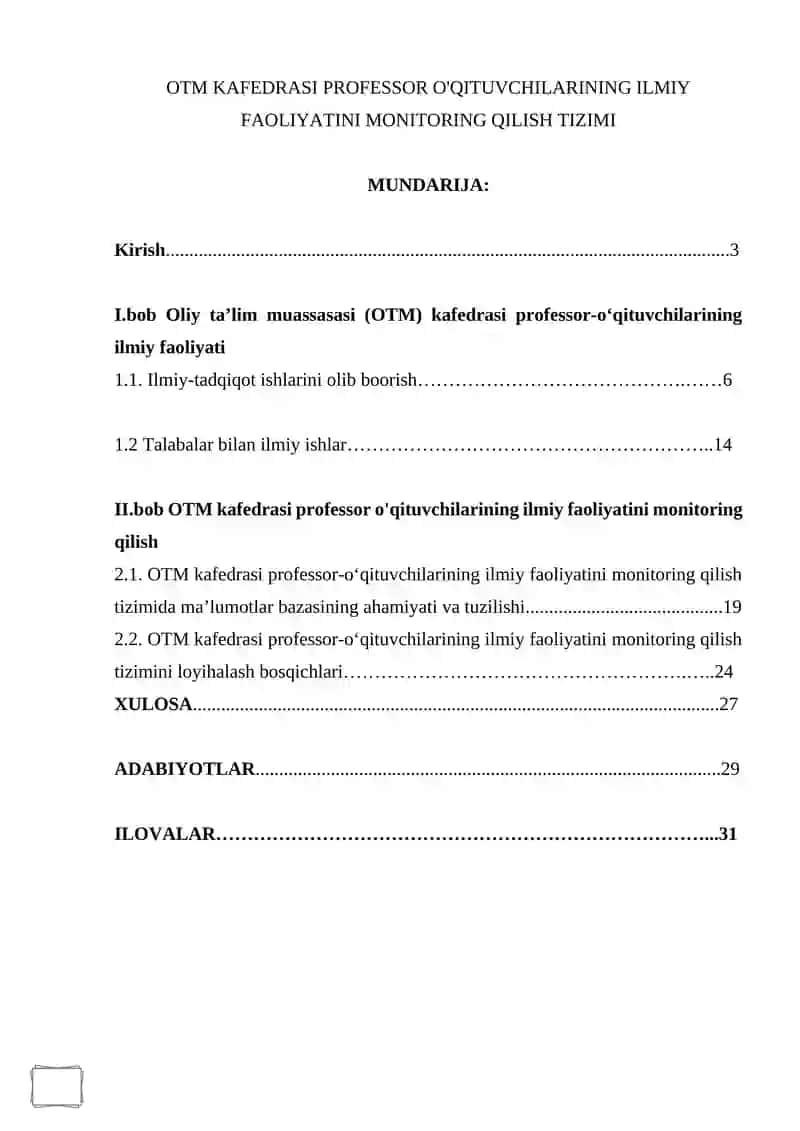 OTM KAFEDRASI PROFESSOR O'QITUVCHILARINING ILMIY FAOLIYATINI MONITORING QILISH TIZIMI
