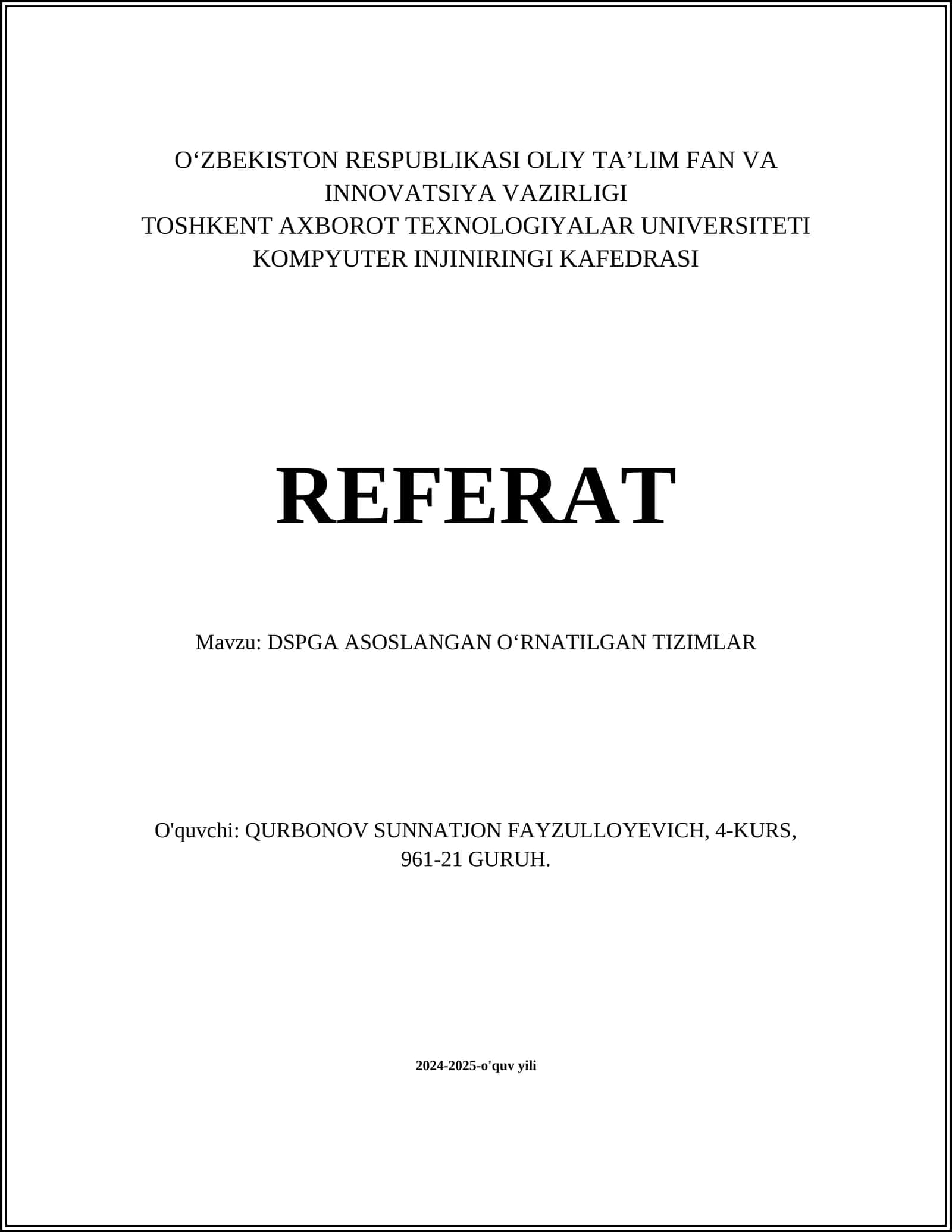 DSPGA ASOSLANGAN O‘RNATILGAN TIZIMLAR 1