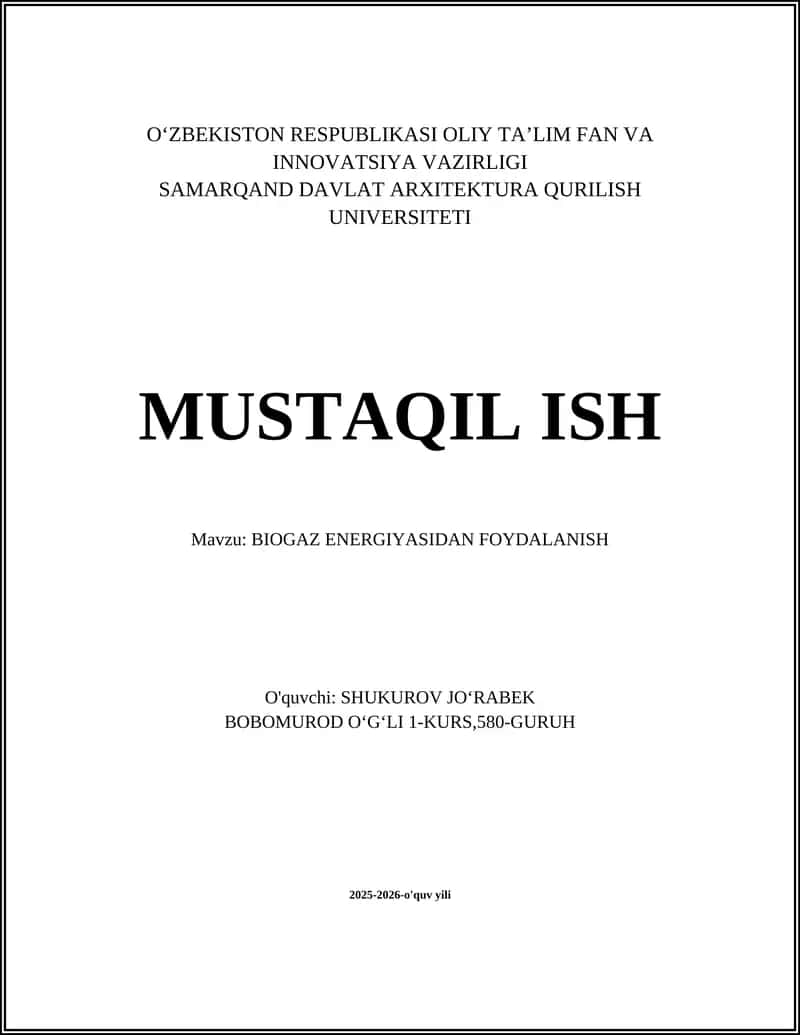 BIOGAZ ENERGIYASIDAN FOYDALANISH 1