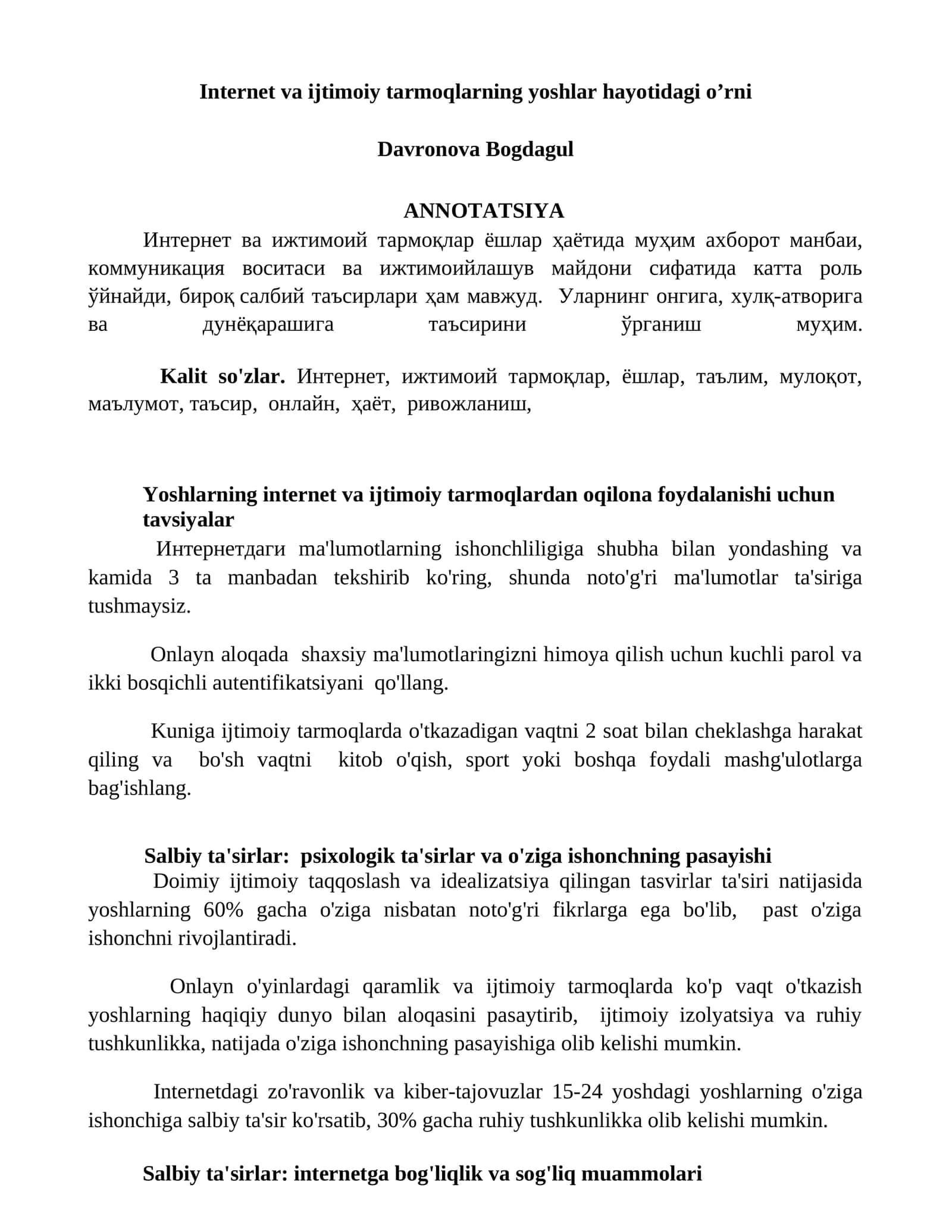 Internet va ijtimoiy tarmoqlarning yoshlar hayotidagi o’rni 1