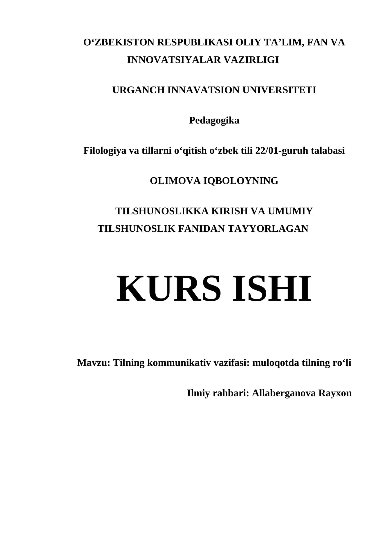 KURS ISHI - Tilning kommunikativ vazifasi: muloqotda tilning roʻli 1