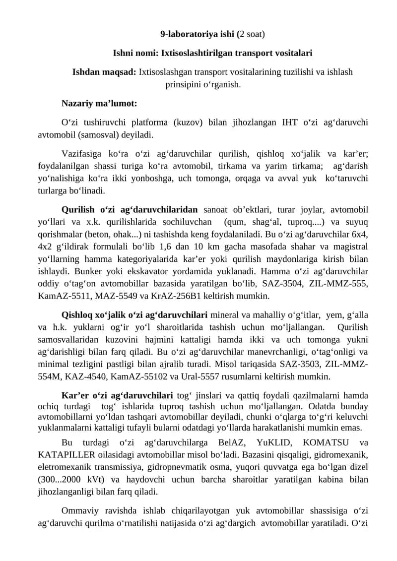 Ixtisoslashtirilgan transport vositalari 1