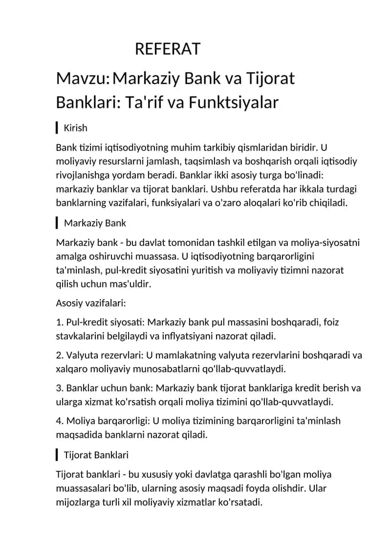 Markaziy Bank va Tijorat Banklari: Ta'rif va Funktsiyalar 1