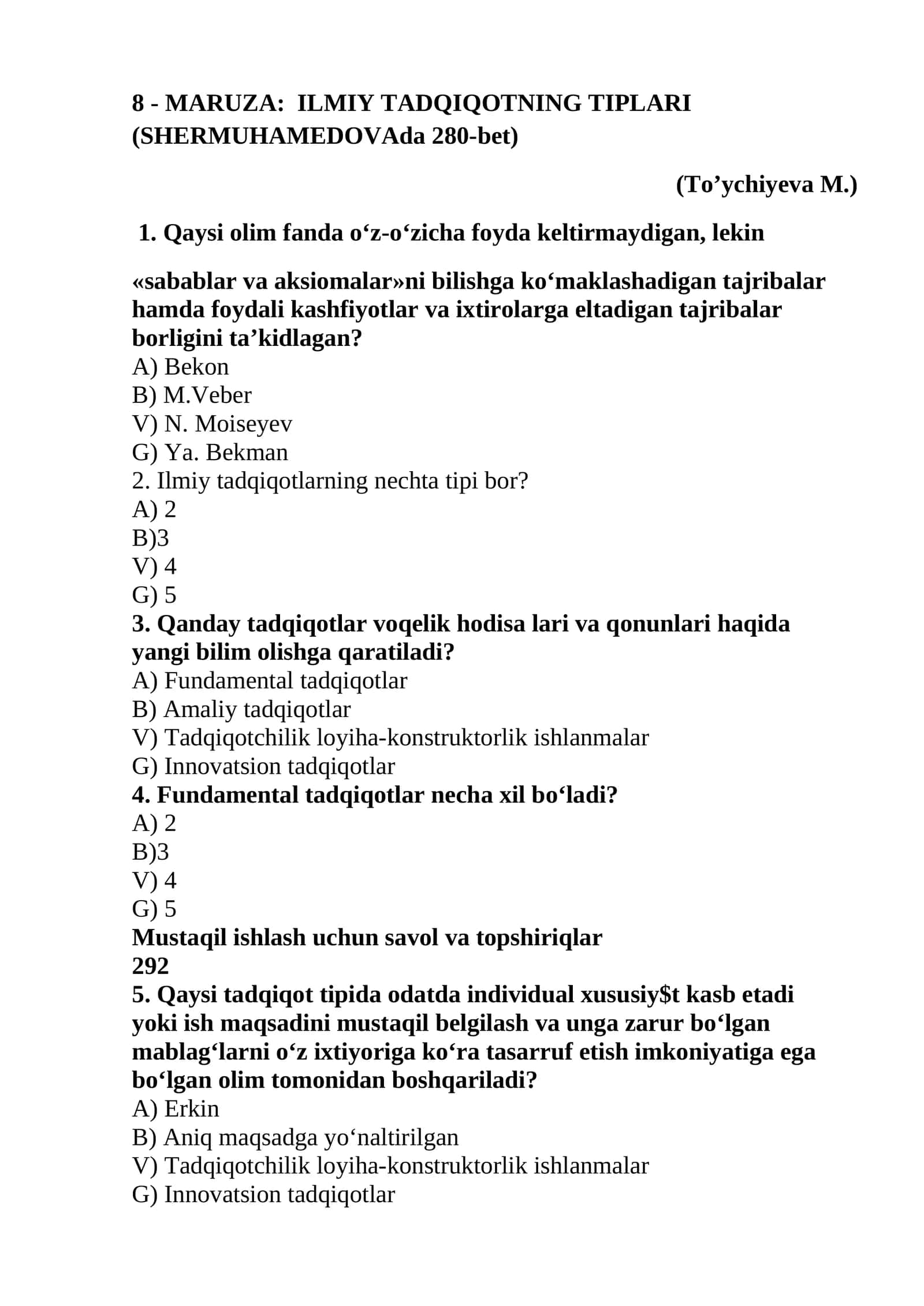 MARUZA: ILMIY TADQIQOTNING TIPLARI (SHERMUHAMEDOVAda 280-bet) 1