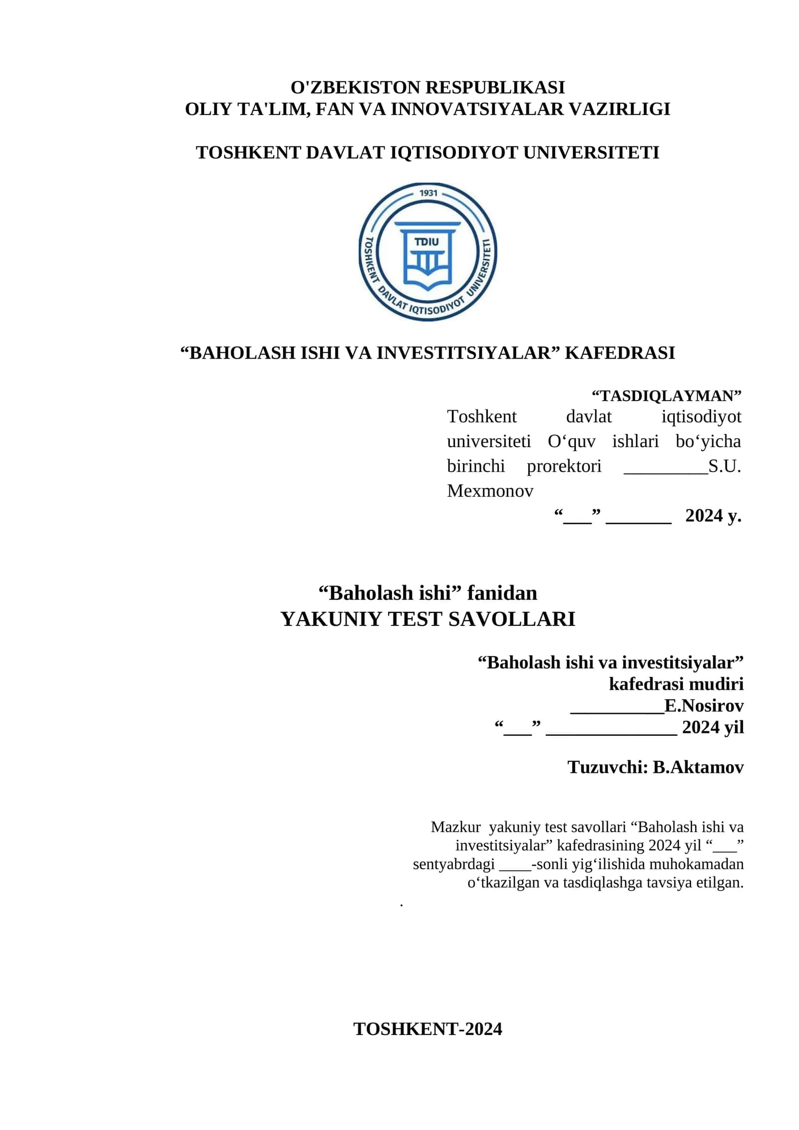 Baholash Ishi va Investitsiyalar 1