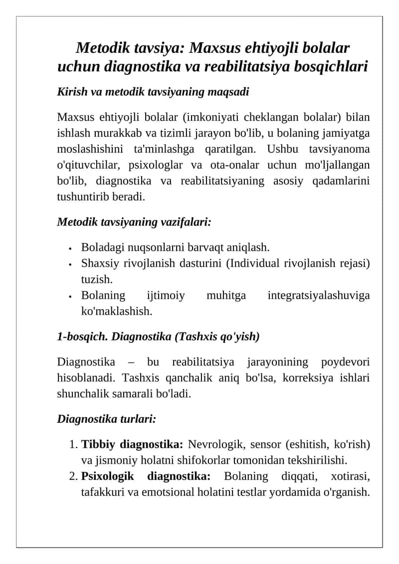 Metodik tavsiya: Maxsus ehtiyojli bolalar uchun diagnostika va reabilitatsiya bosqichlari 1