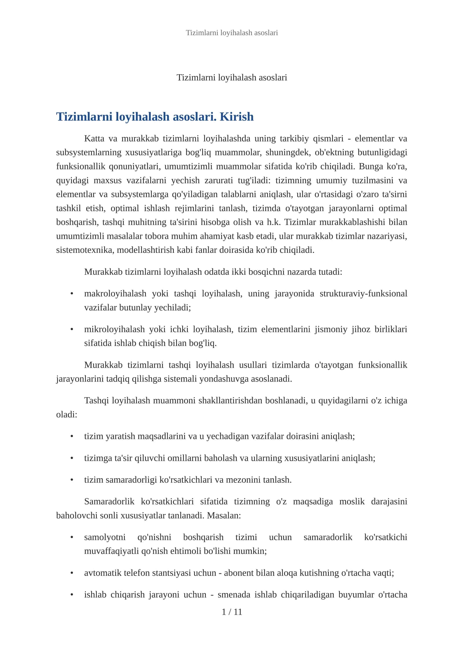 Tizimlarni loyihalash asoslari 1
