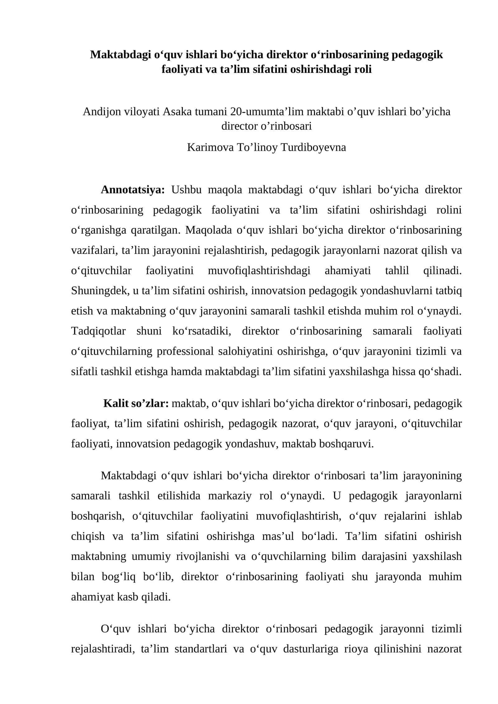 O‘quv ishlari bo‘yicha direktor o‘rinbosarining pedagogik faoliyati va ta’lim sifatini oshirishdagi roli 1
