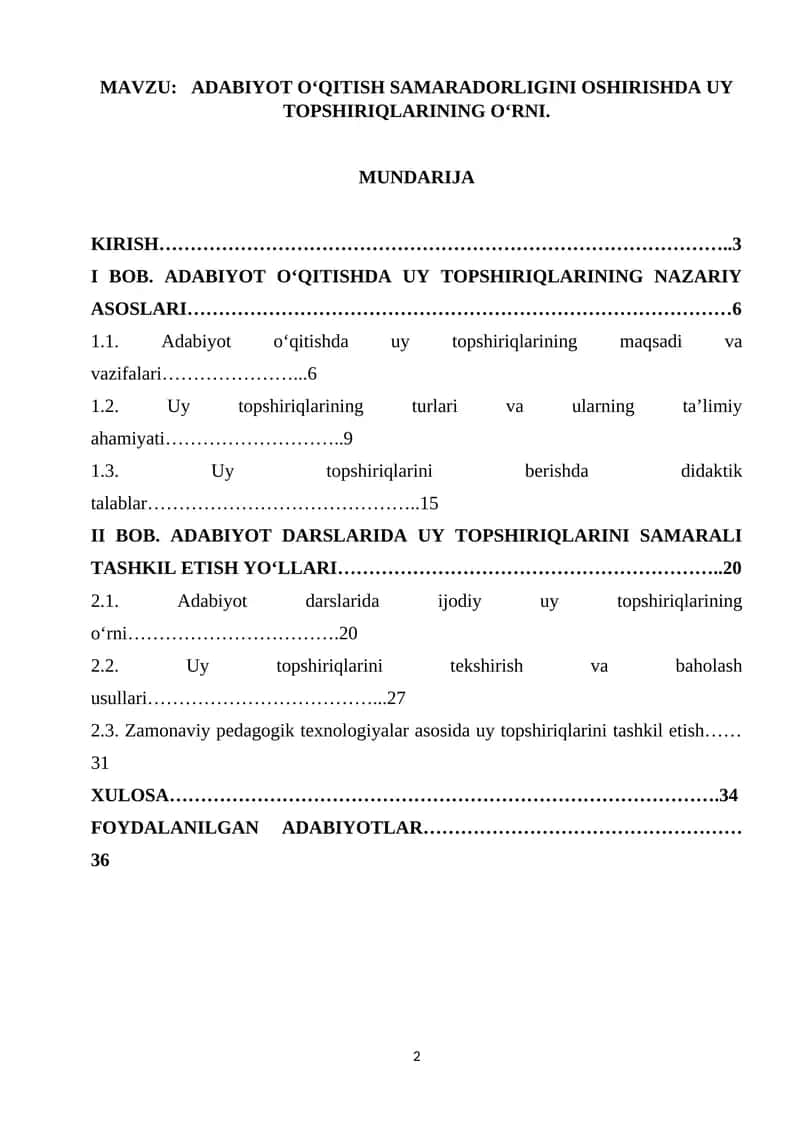 ADABIYOT O'QITISH SAMARADORLIGINI OSHIRISHDA UY TOPSHIRIQLARINING O'RNI 1