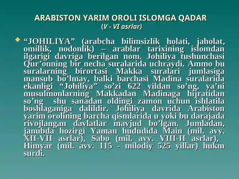 "ARABISTON YARIM OROLI ISLOMGA QADAR(V - VI asrlar)"