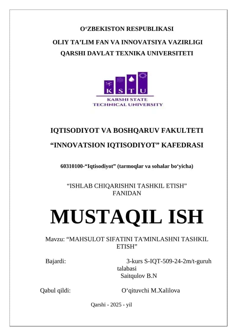 MAHSULOT SIFATINI TA'MINLASHNI TASHKIL ETISH 1