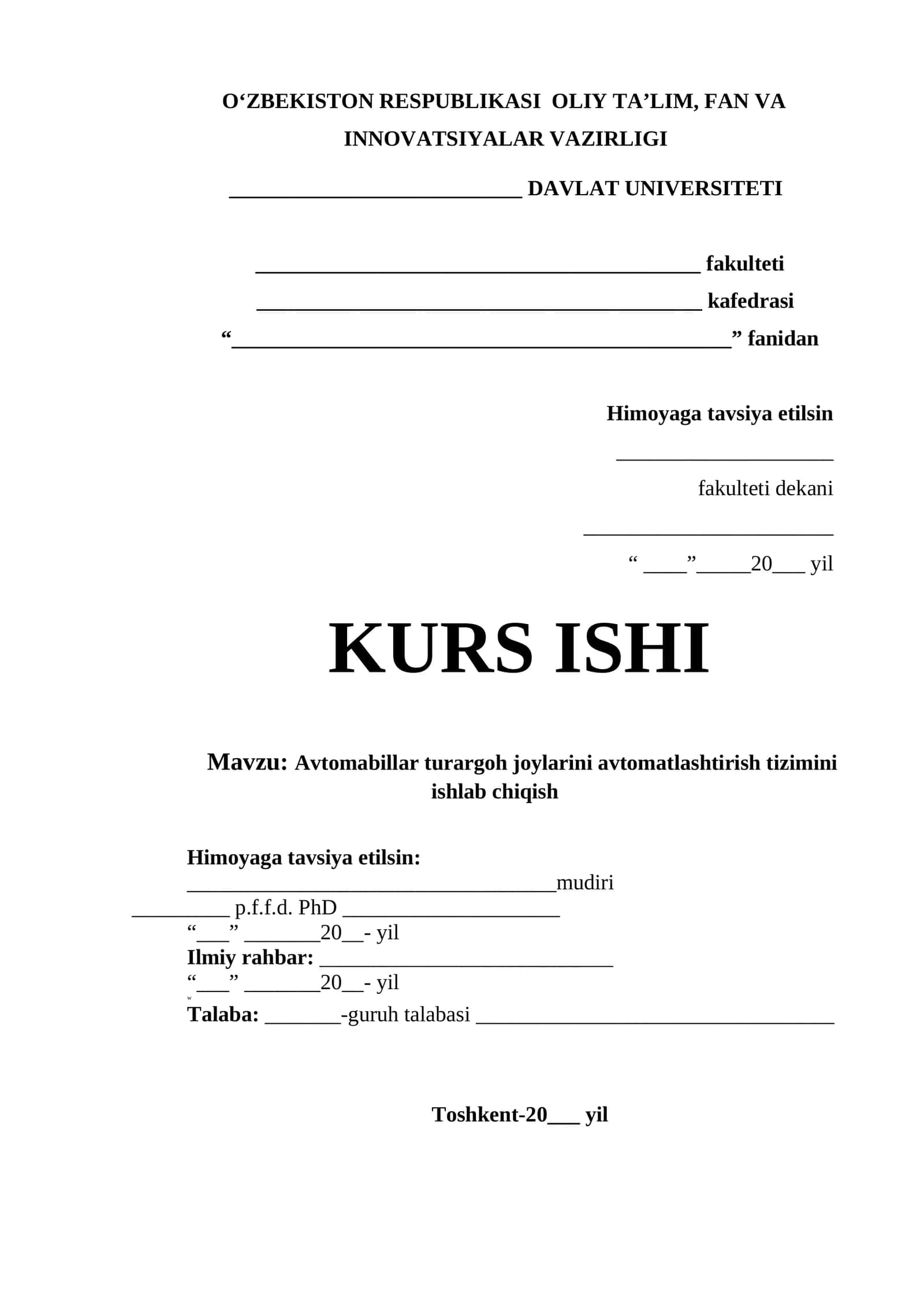 Avtomabillar turargoh joylarini avtomatlashtirish tizimini ishlab chiqish 1