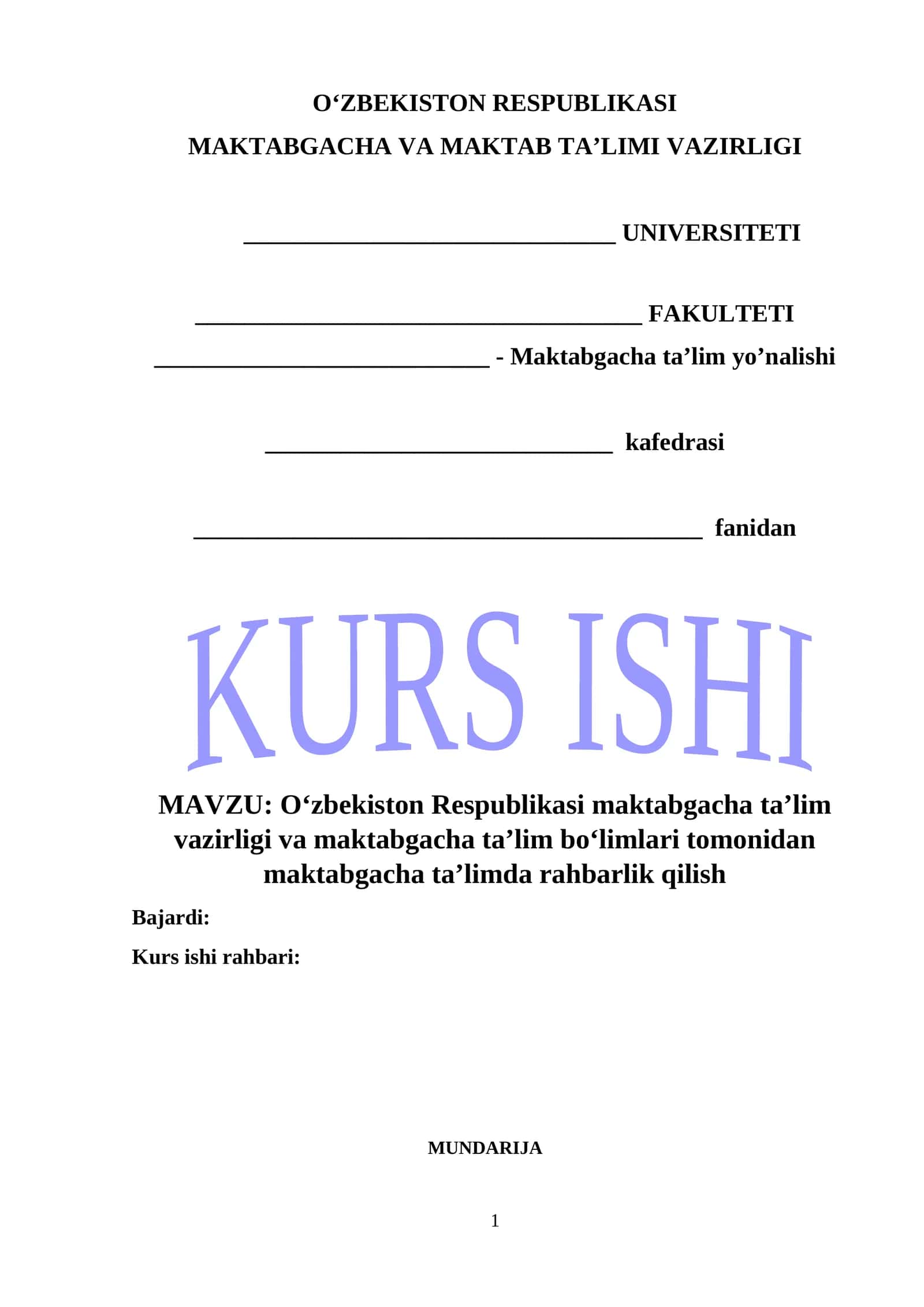 Oʻzbekiston Respublikasi maktabgacha taʼlim vazirligi va maktabgacha taʼlim boʻlimlari tomonidan maktabgacha taʼlimda rahbarlik 1