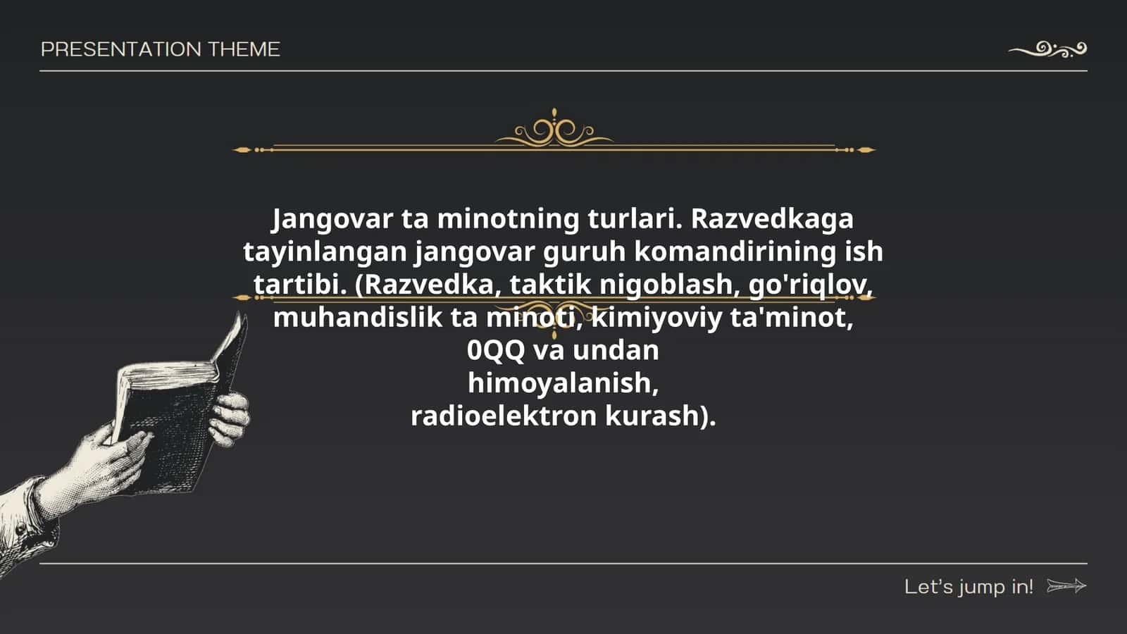 Jangovar ta minotning turlari. Razvedkaga tayinlangan jangovar guruh komandirining ish tartibi 1