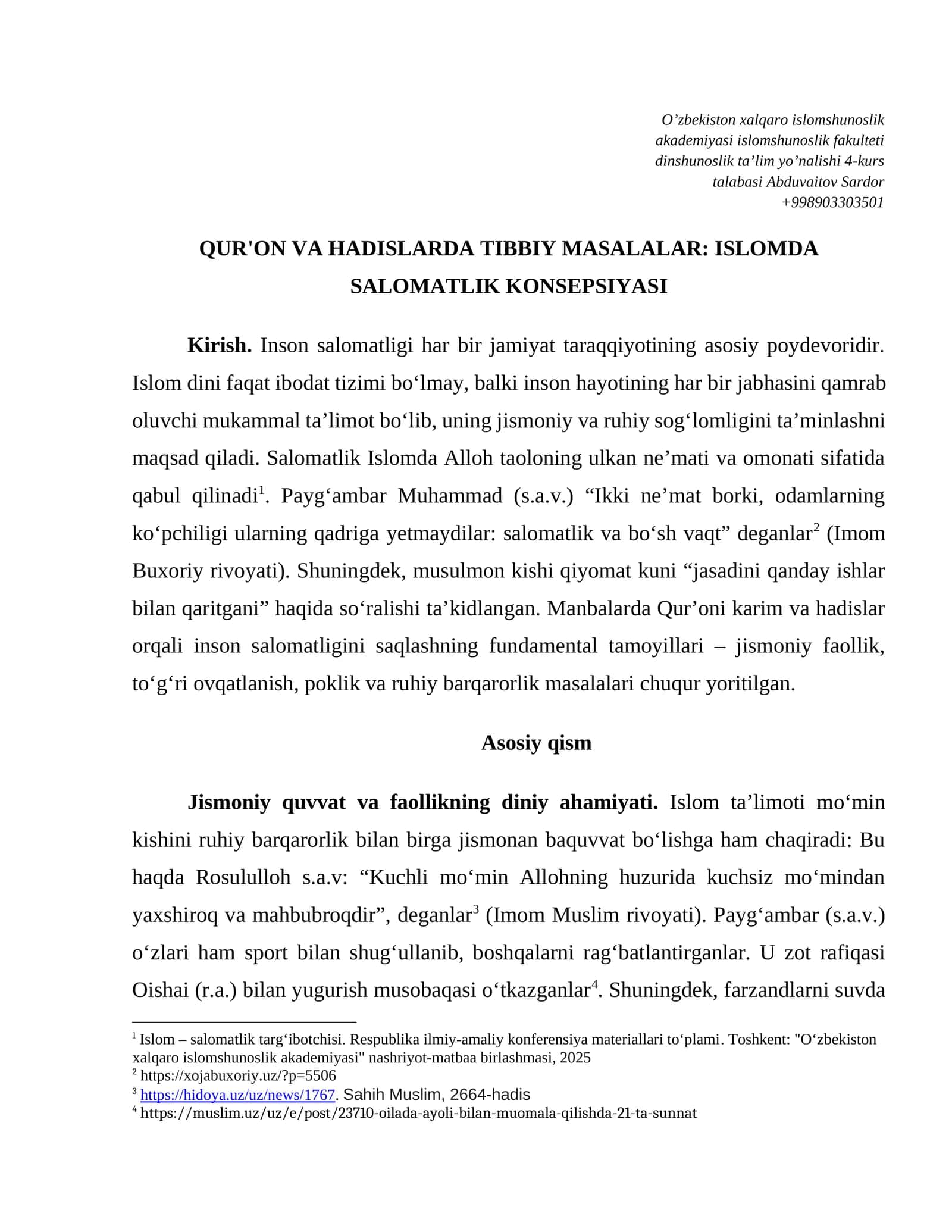 QUR'ON VA HADISLARDA TIBBIY MASALALAR: ISLOMDA SALOMATLIK KONSEPSIYASI 1