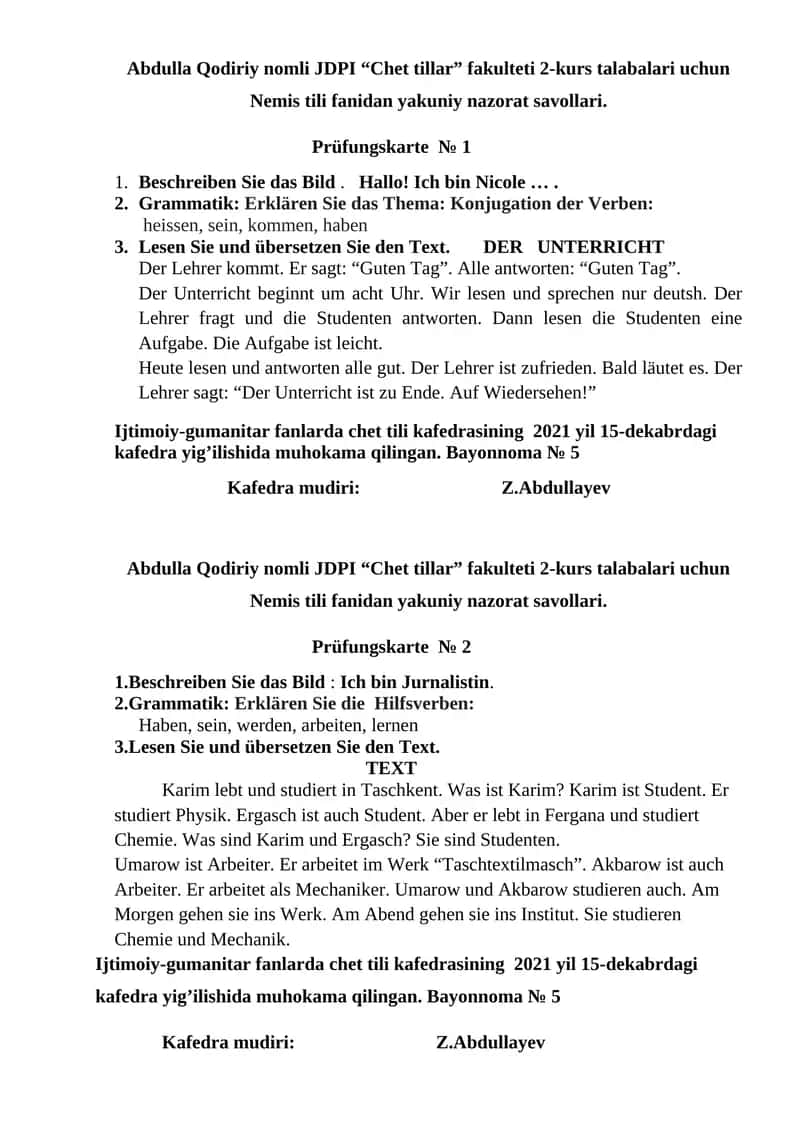 Nemis tili fanidan yakuniy nazorat savollari 1