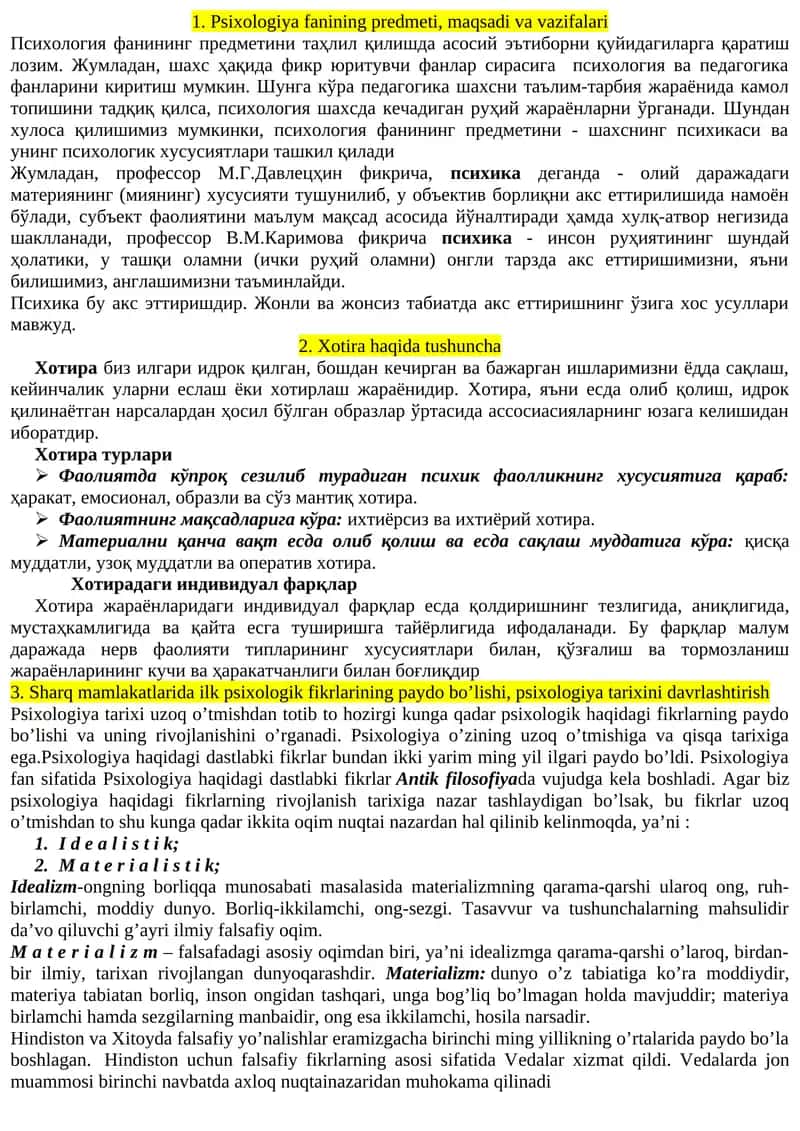 Psixologiya fanining predmeti, maqsadi va vazifalari 1