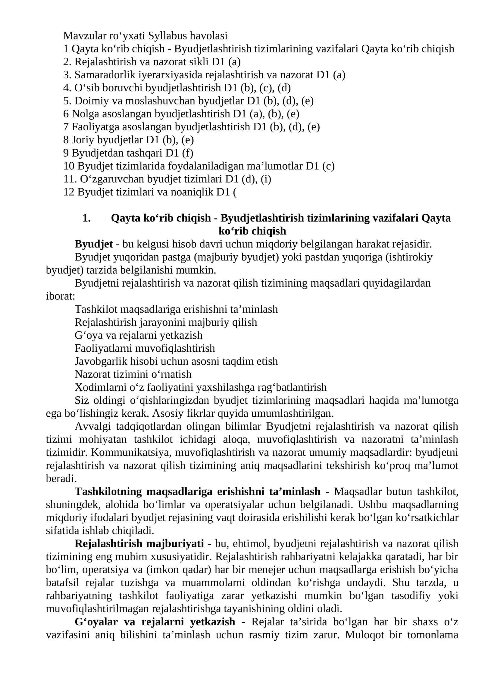 Qayta ko‘rib chiqish - Byudjetlashtirish tizimlarining vazifalari 1