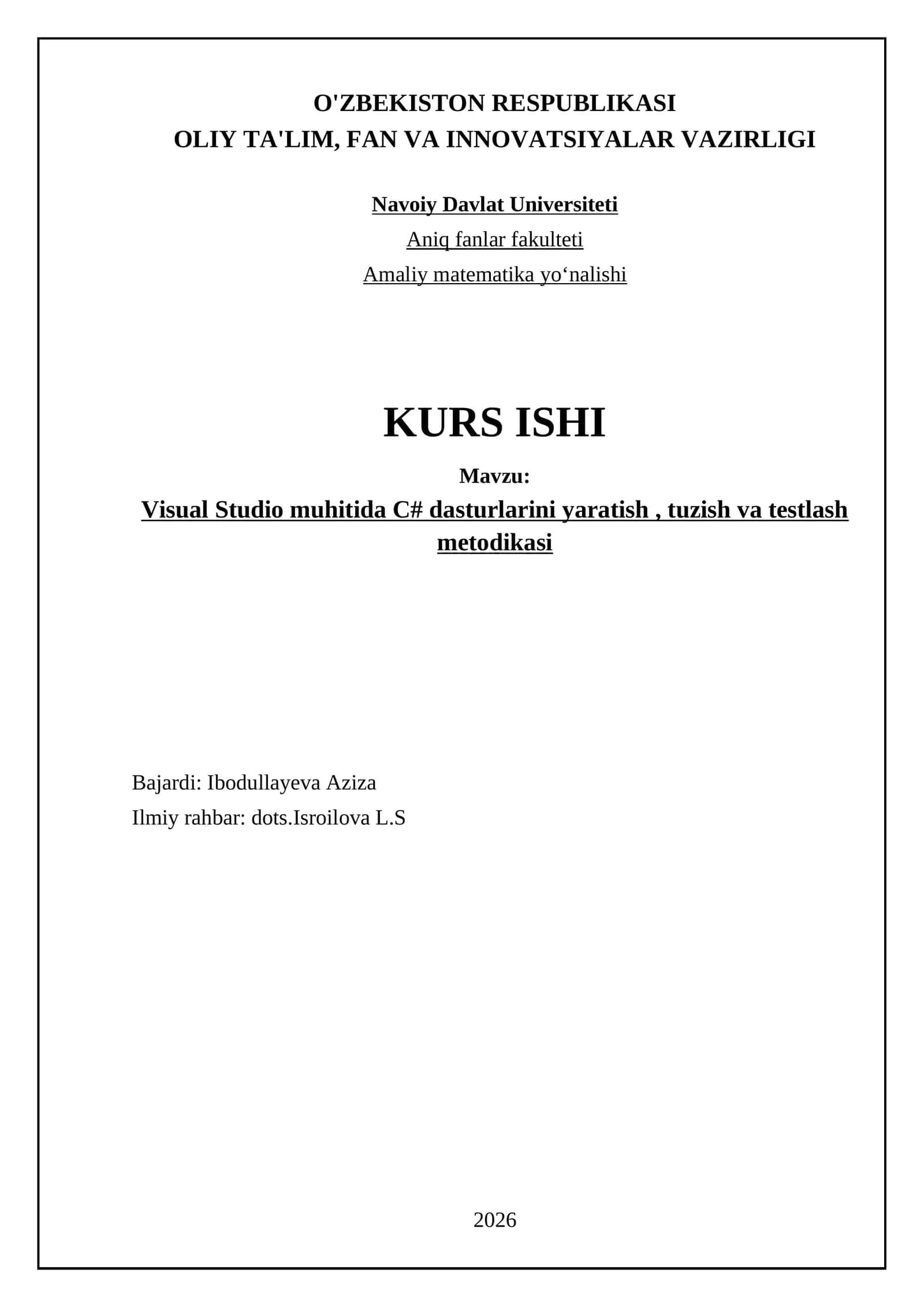 Visual Studio muhitida C# dasturlarini yaratish, tuzish va testlash metodikasi 1