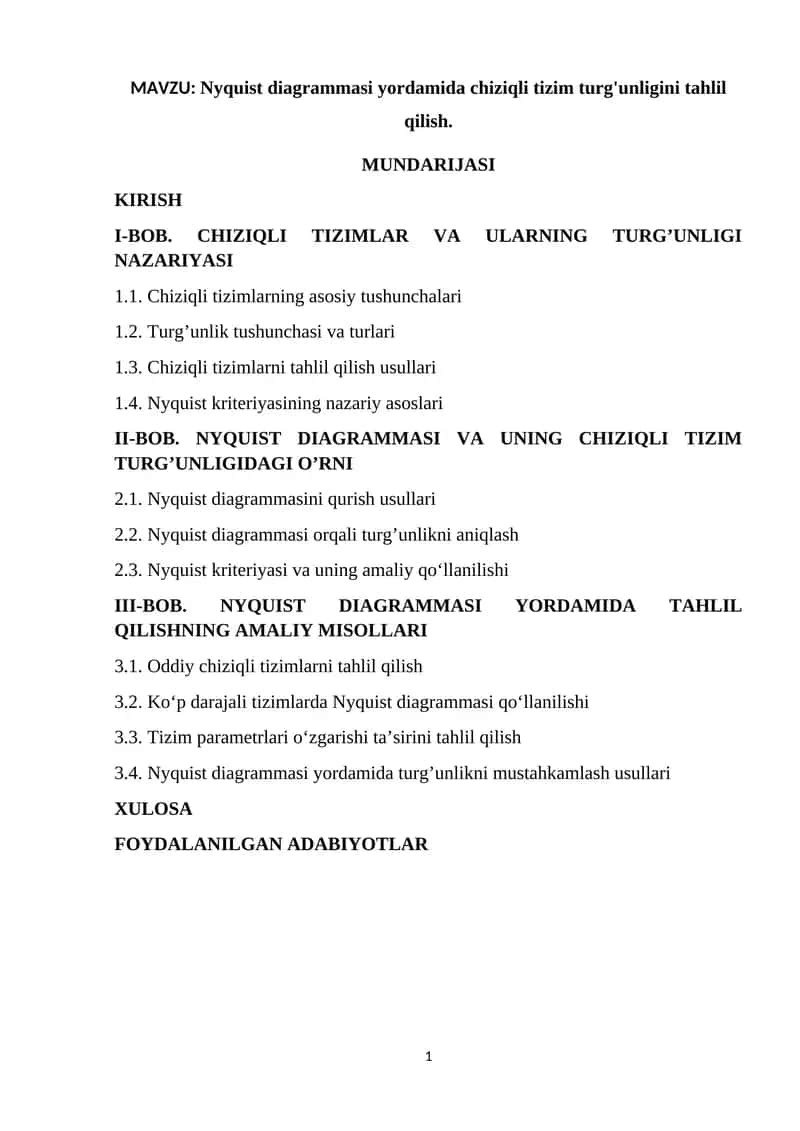 Nyquist diagrammasi yordamida chiziqli tizim turg'unligini tahlil qilish 1