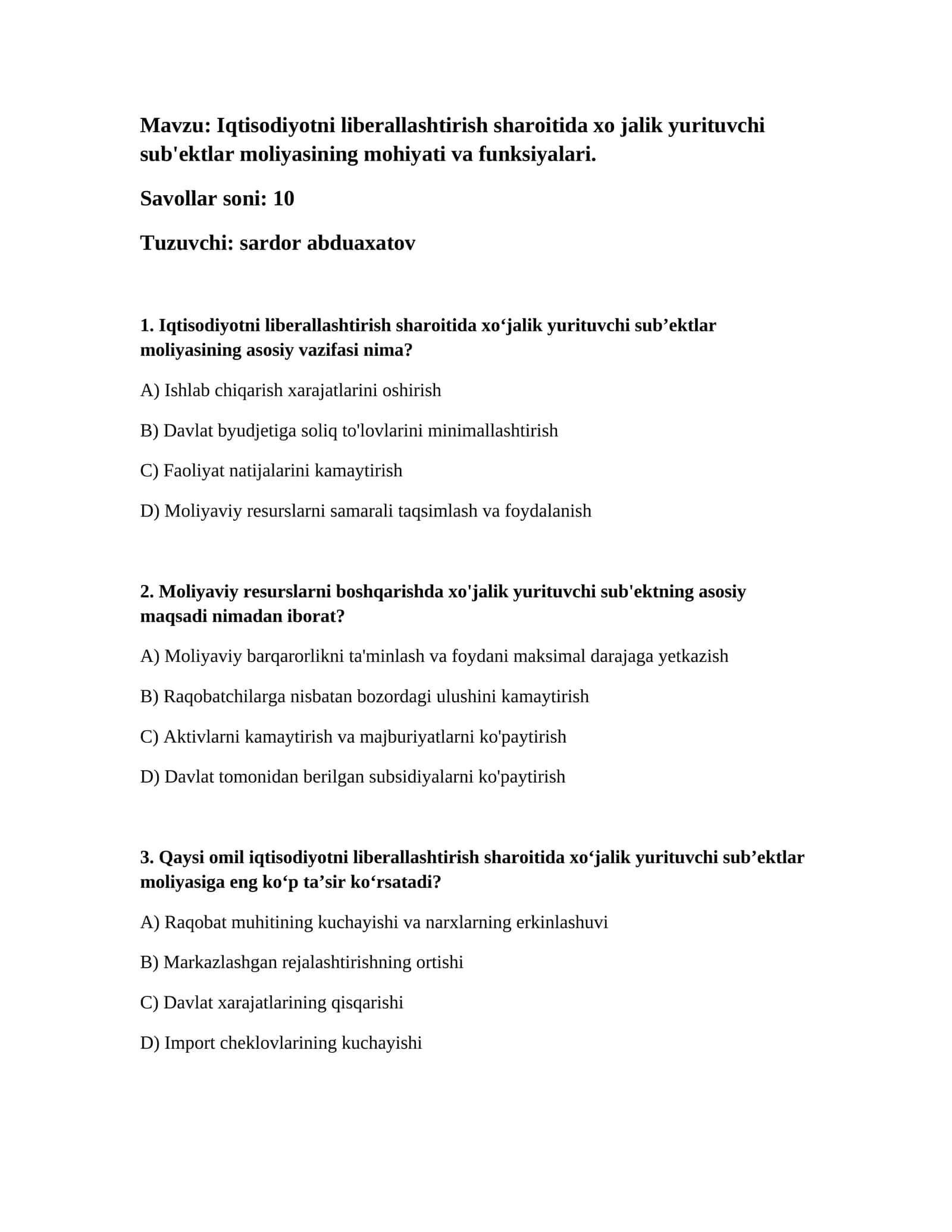 Iqtisodiyotni liberallashtirish sharoitida xo jalik yurituvchi sub'ektlar moliyasining mohiyati va funksiyalari 1