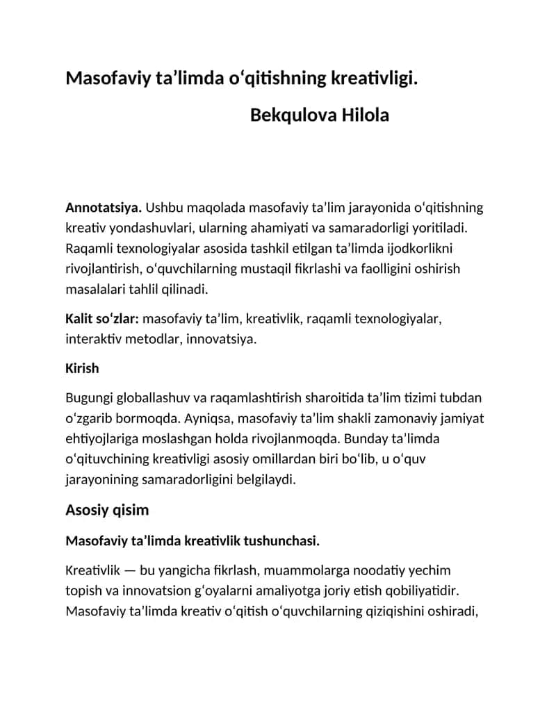 Masofaviy ta’limda o‘qitishning kreativligi 1