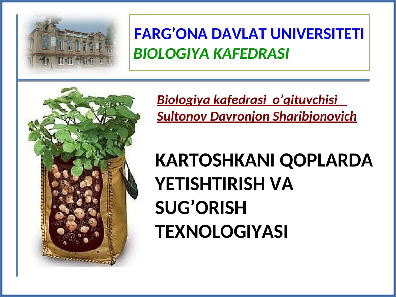 KARTOSHKANI QOPLARDA YETISHTIRISH VA SUG’ORISH TEXNOLOGIYASI 1