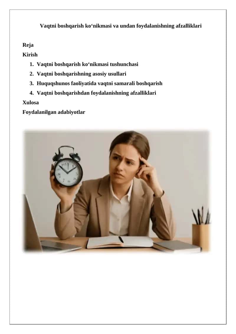 Vaqtni boshqarish ko‘nikmasi va undan foydalanishning afzalliklari 1
