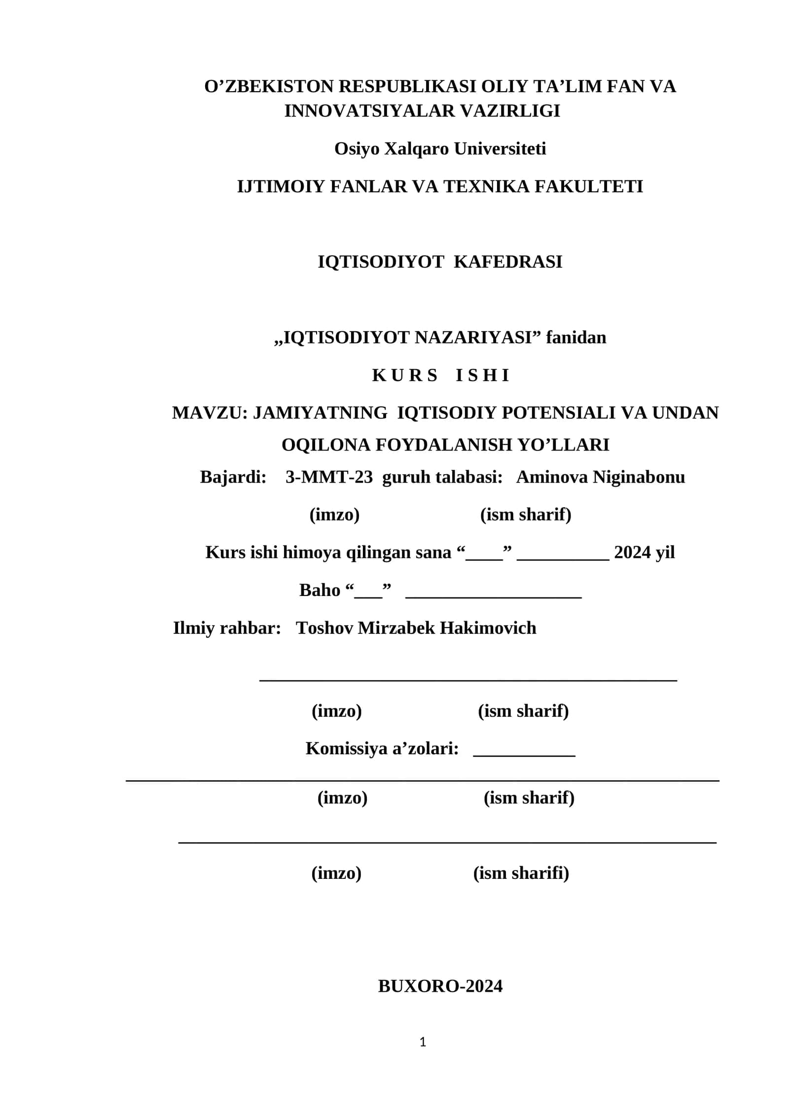 JAMIYATNING IQTISODIY POTENSIALI VA UNDAN OQILONA FOYDALANISH YO’LLARI 1