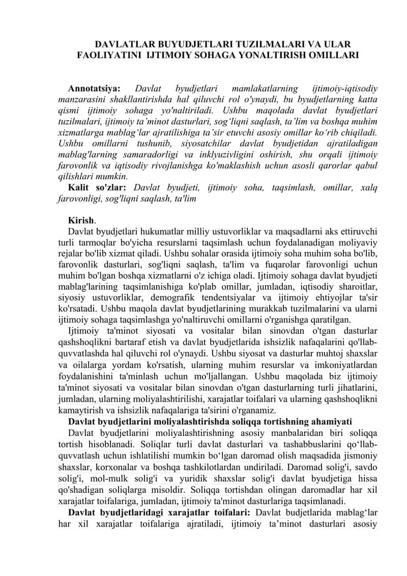 DAVLATLAR BUYUDJETLARI TUZILMALARI VA ULAR FAOLIYATINI  IJTIMOIY SOHAGA YONALTIRISH OMILLARI 1