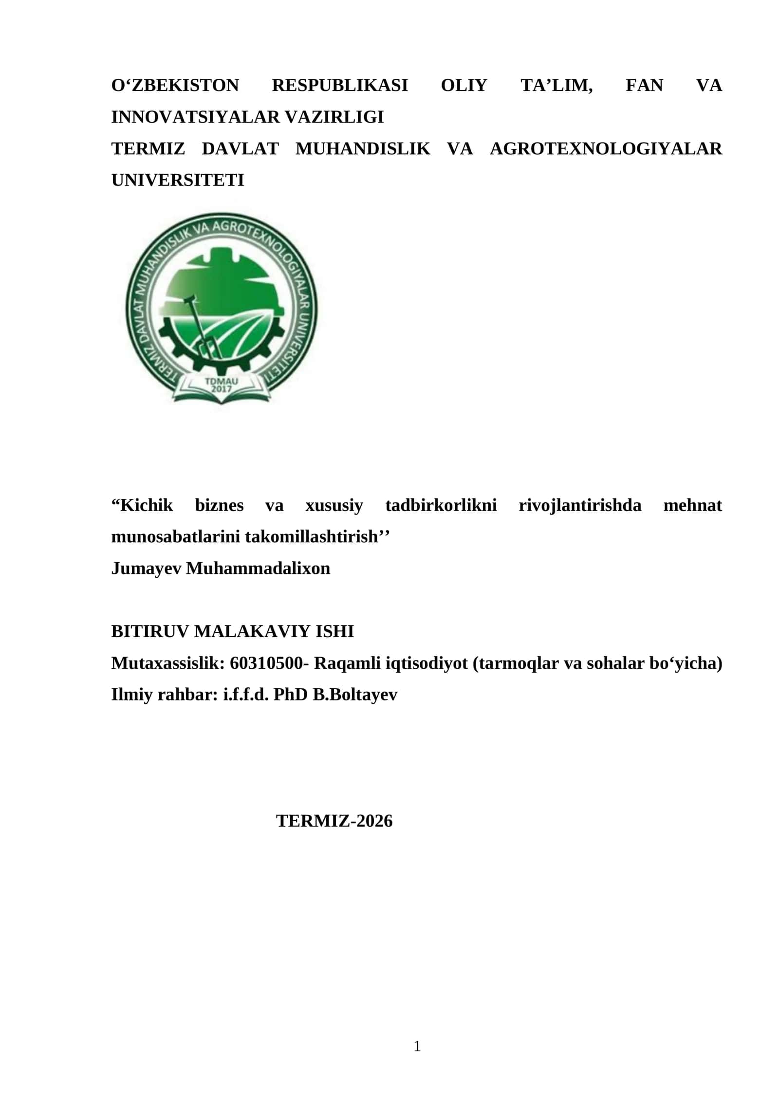 Kichik biznes va xususiy tadbirkorlikni rivojlantirishda mehnat munosabatlarini takomillashtirish 1