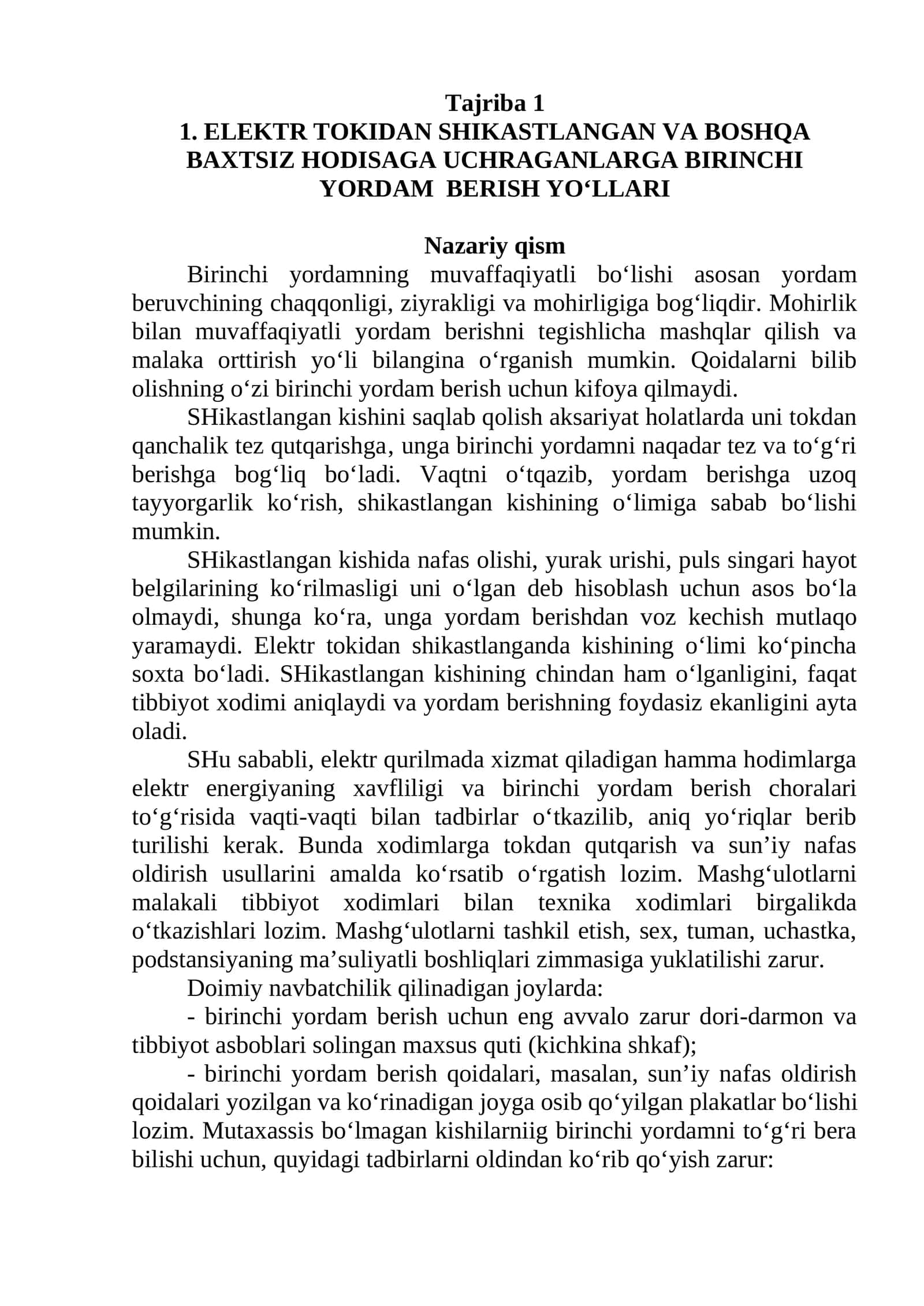 ELEKTR TOKIDAN SHIKASTLANGAN VA BOSHQA BAXTSIZ HODISAGA UCHRAGANLARGA BIRINCHI YORDAM BERISH YO‘LLARI 1