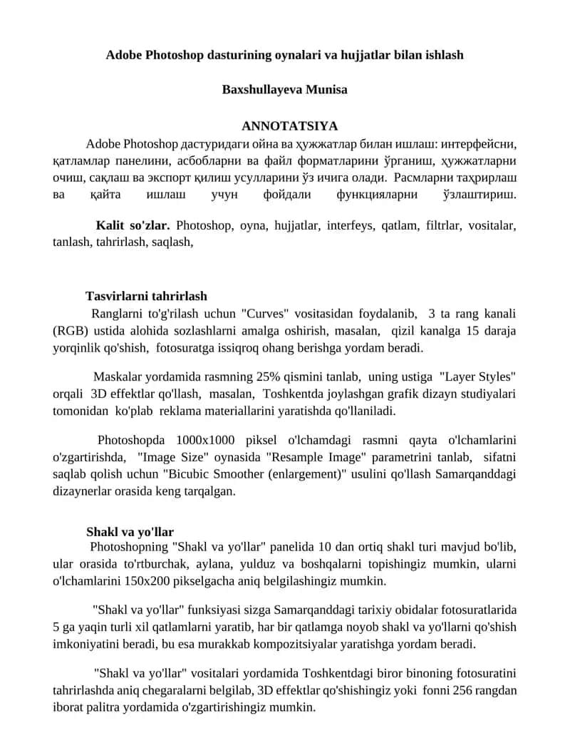 Adobe Photoshop dasturining oynalari va hujjatlar bilan ishlash 1