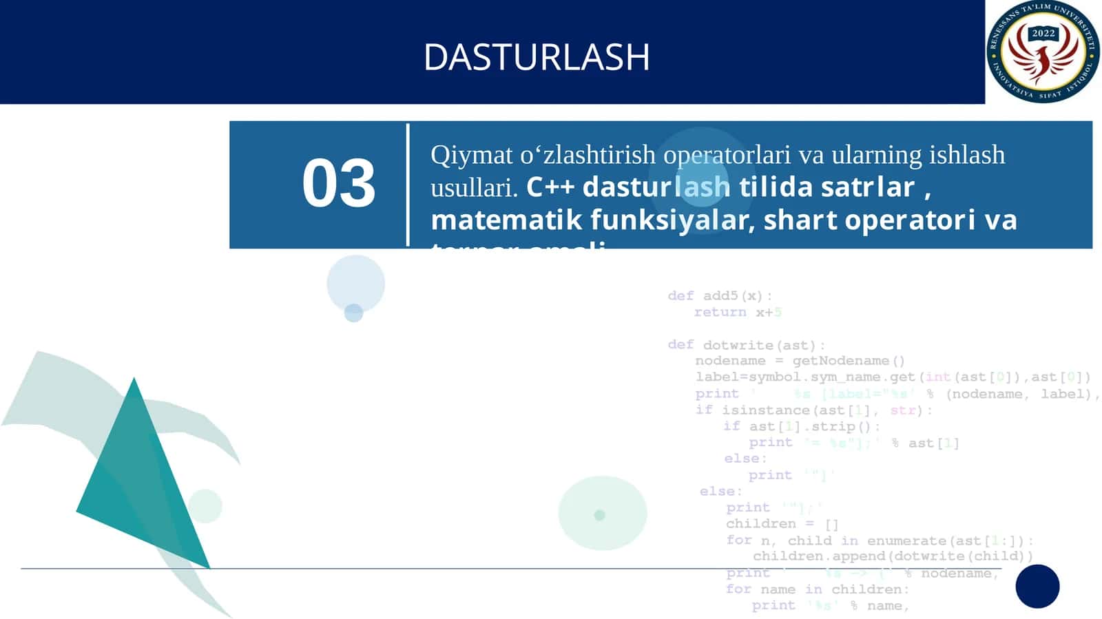 Qiymat o‘zlashtirish operatorlari va ularning ishlash usullari. C++ dasturlash tilida satrlar , matematik funksiyalar, shart operatori va ternar amali. 1