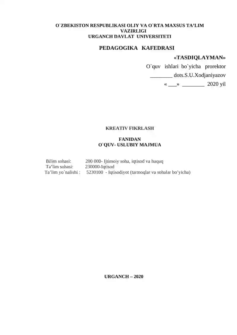 Kreativ fikirlash fanidan O`QUV-USLUBIY MAJMUA 1