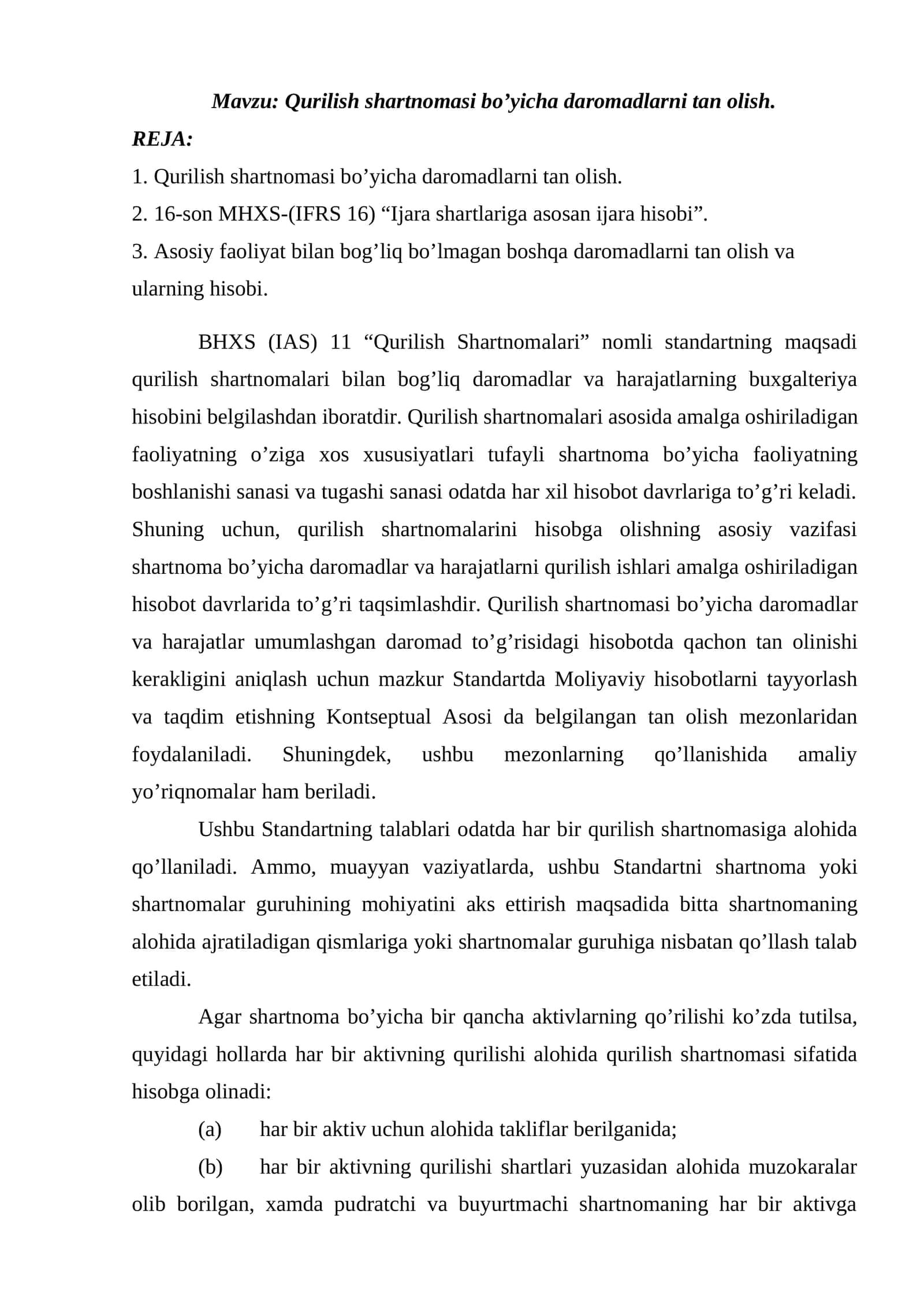Qurilish shartnomasi bo’yicha daromadlarni tan olish 1