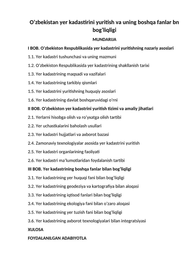 O’zbekistan yer kadastirini yuritish va uning boshqa fanlar bn bog’liqligi 1