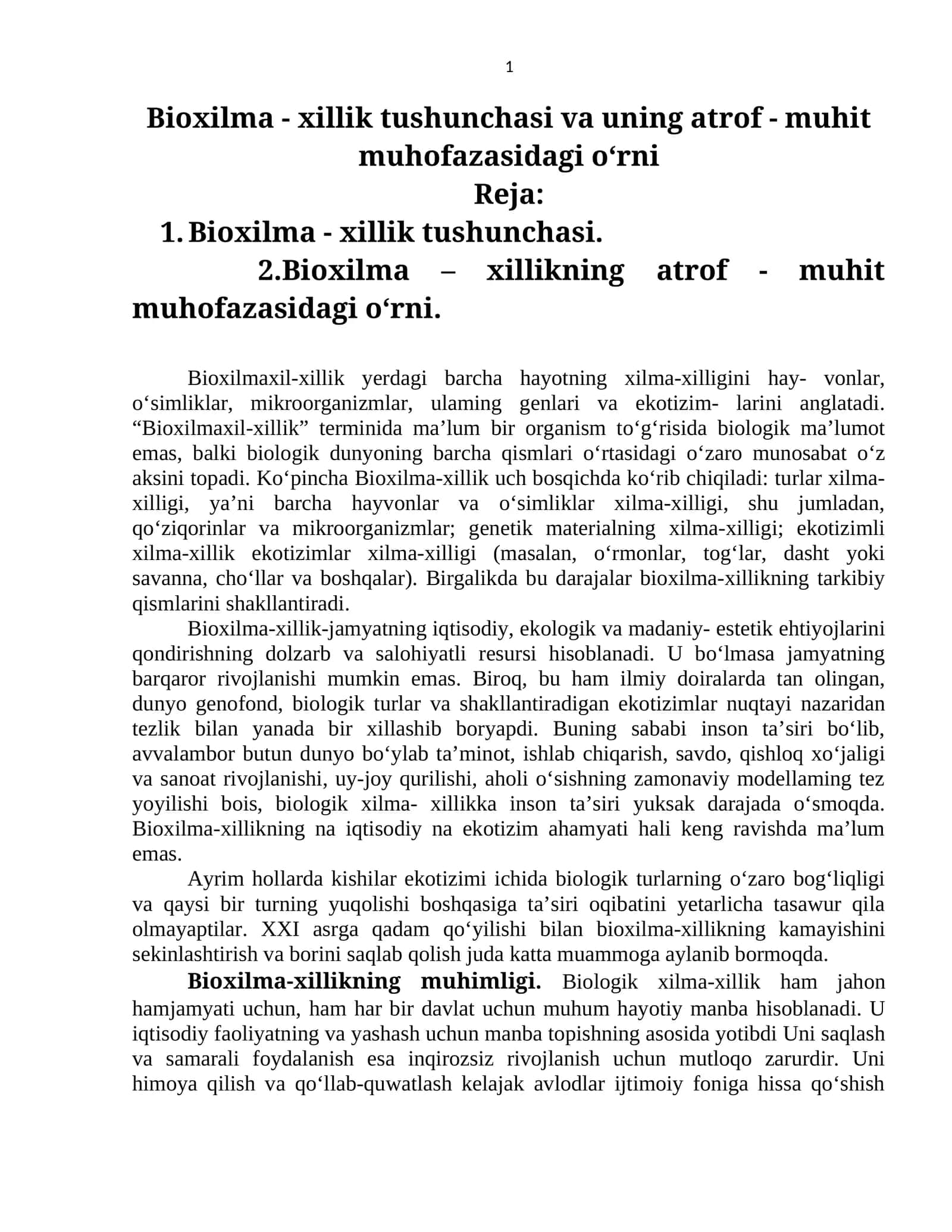 Bioxilma - xillik tushunchasi va uning atrof - muhit muhofazasidagi o‘rni 1